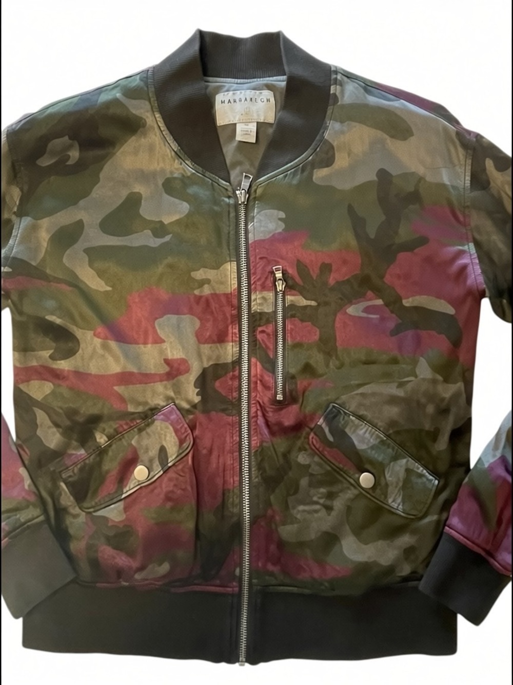 Anthropologie Satin Camo Bomber Jacket with Burgundy Accents